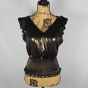 Nine West Womens‎ XS Metallic Black Ruffle Top Smocked Waist Y2K Disco Night Out